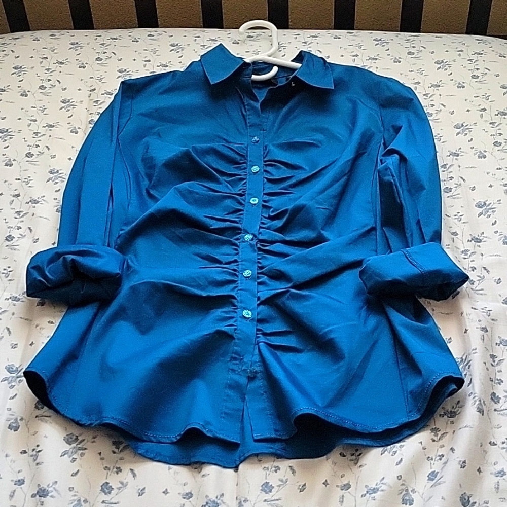 Blue ruched New York and Company button down/dress shirt.